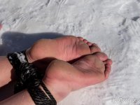 Brunette BBW rids ball gag and ropes while posing nude and barefoot in snow - Photo #7