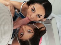 Two teen Latinas Bianca Bangs and Madison Wilde box before sharing a cock - Photo #13