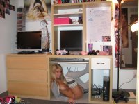 Blonde coed shows her big naturals while wearing thigh high socks - Photo #12