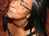 Busty black girl gets on her knees in glasses for bukkake action - Photo #8
