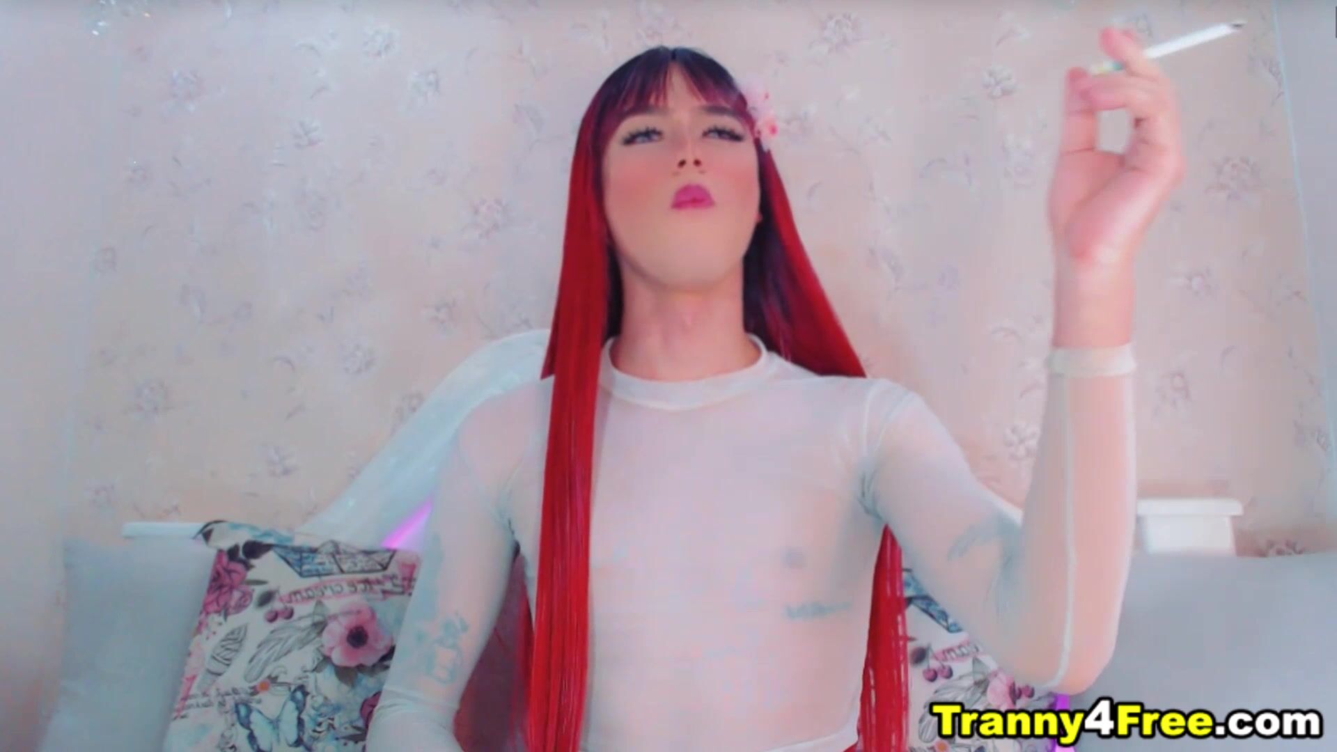 Red Hair Tgirl Gracefully Faps Her Dick