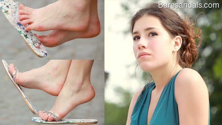 Elisa's shiny flip flops shoe dangling - 13060